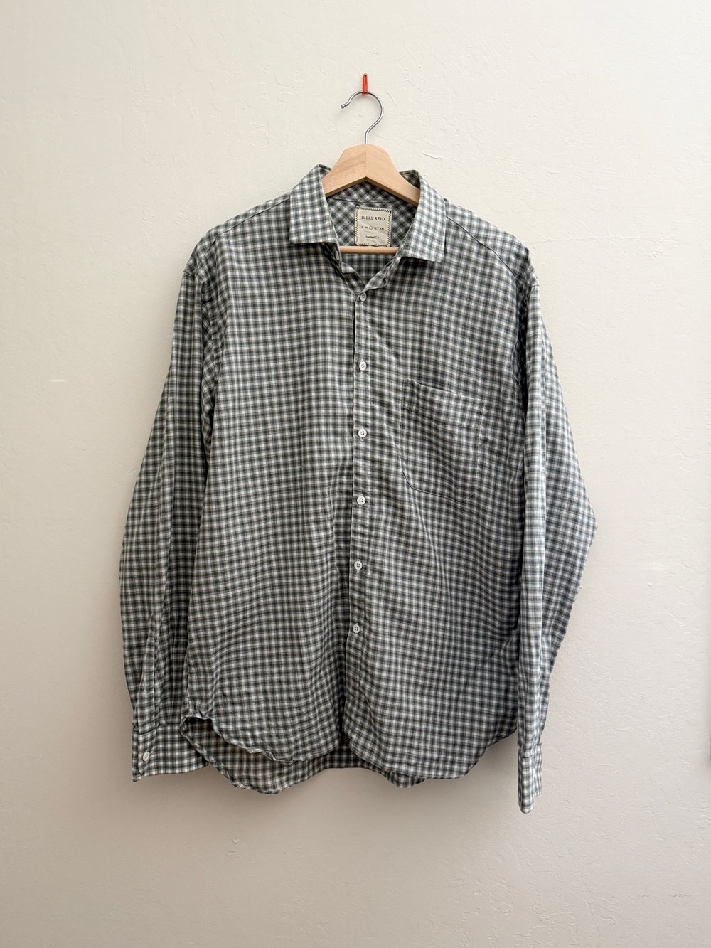 Billy Reid Men's Light Green Gray Plaid Button-Up Shirt size L